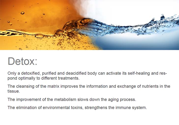 Detox: Only a detoxified, purified and deacidified body can activate its self-healing and res-pond optimally to different treatments. The cleansing of the matrix improves the information and exchange of nutrients in the tissue. The improvement of the metabolism slows down the aging process. The elimination of environmental toxins, strengthens the immune system.